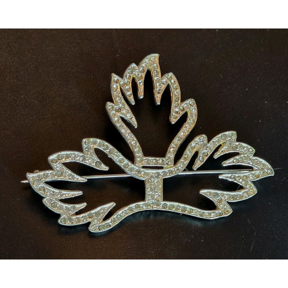 Vintage Rhinestone Abstract Flame Leaf Brooch Silver Tone Statement Pin READ